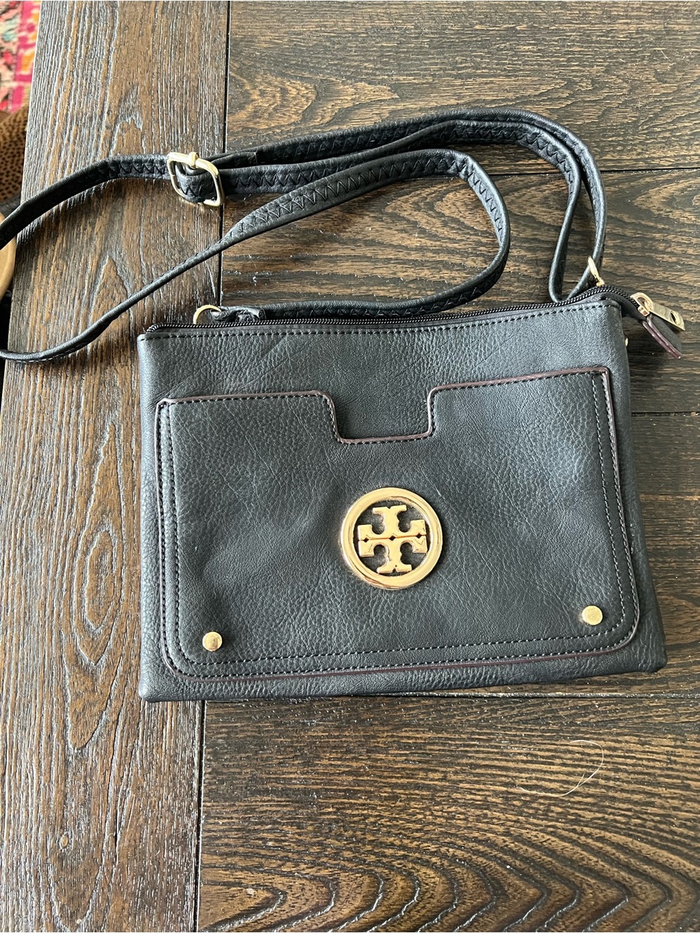 Tory Burch Black Leather Crossbody with Gold Logo